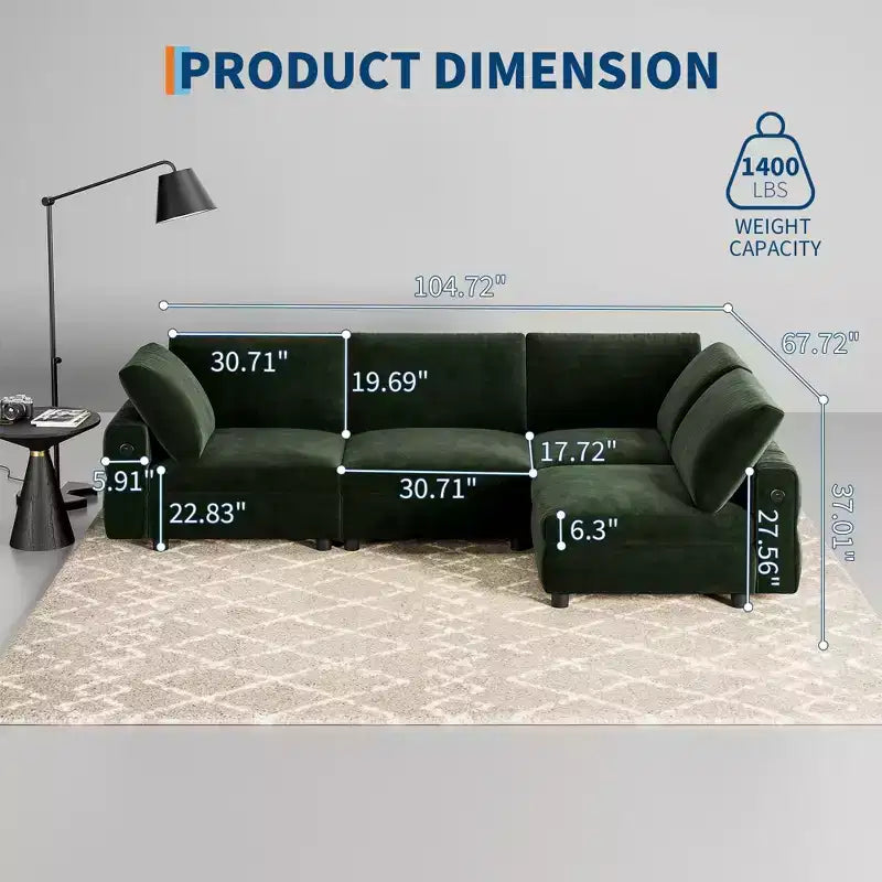105 Modular Sectional Sofa - L-Shaped Velvet Couch with USB Charging (Emerald Green)