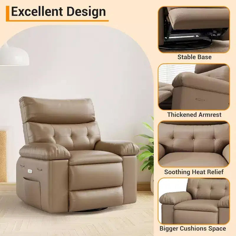 Acekool Power Recliner Chair with Heat & Massage, Swivel Rocker, USB Port, Cup Holders, Side Pockets, Extra-Wide Seat, Living Room