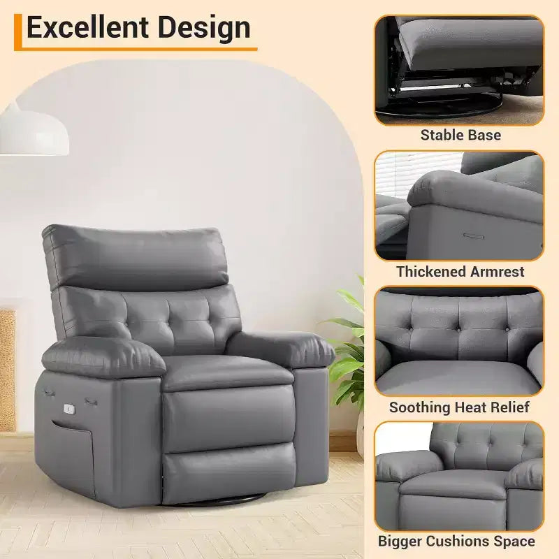 Acekool Power Recliner Chair with Heat & Massage, Swivel Rocker, USB Port, Cup Holders, Side Pockets, Extra-Wide Seat, Living Room