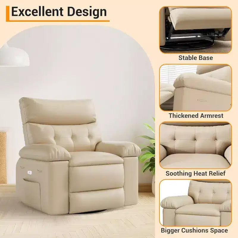 Acekool Power Recliner Chair with Heat & Massage, Swivel Rocker, USB Port, Cup Holders, Side Pockets, Extra-Wide Seat, Living Room