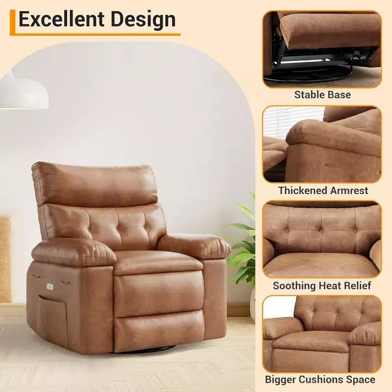 Acekool Power Recliner Chair with Heat & Massage, Swivel Rocker, USB Port, Cup Holders, Side Pockets, Extra-Wide Seat, Living Room