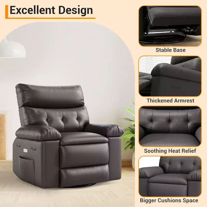 Acekool Power Recliner Chair with Heat & Massage, Swivel Rocker, USB Port, Cup Holders, Side Pockets, Extra-Wide Seat, Living Room