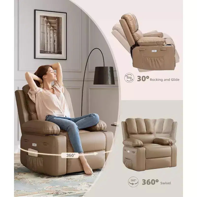 Acekool Power Recliner sofa with Heat & Massage, Swivel Rocker, USB Port, Cup Holders, Side Pockets, Extra-Wide Seat, Living Room