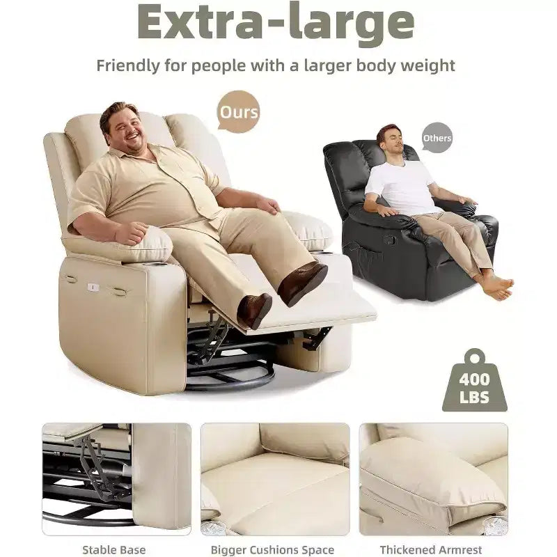 Acekool Power Recliner sofa with Heat & Massage, Swivel Rocker, USB Port, Cup Holders, Side Pockets, Extra-Wide Seat, Living Room