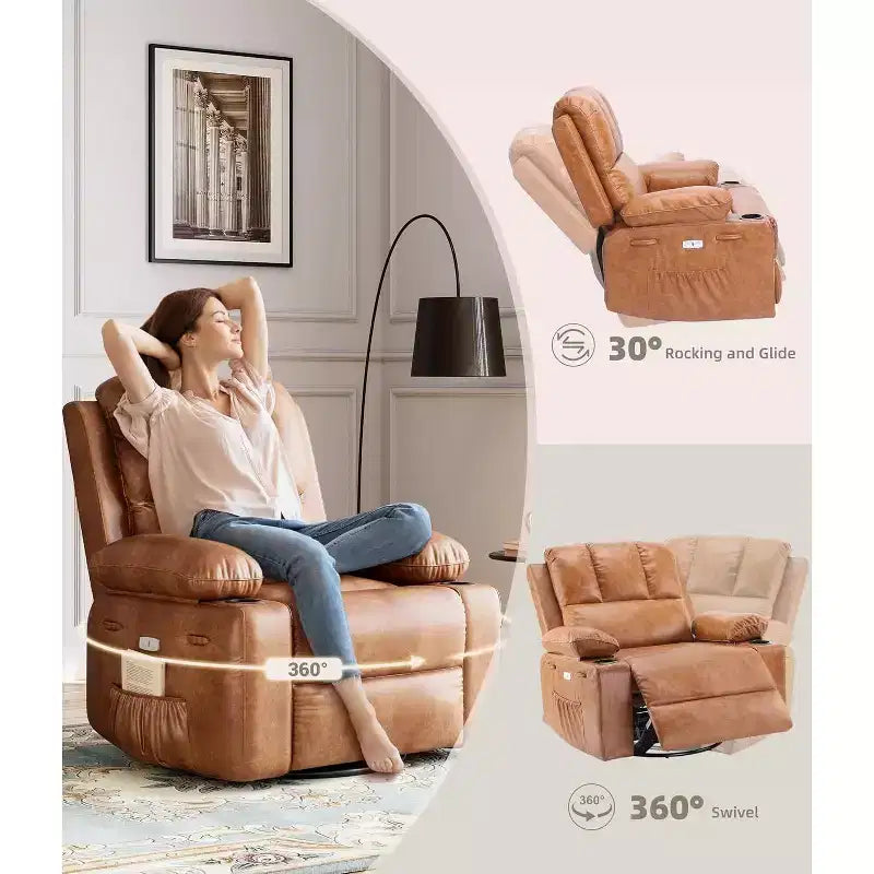 Acekool Power Recliner sofa with Heat & Massage, Swivel Rocker, USB Port, Cup Holders, Side Pockets, Extra-Wide Seat, Living Room