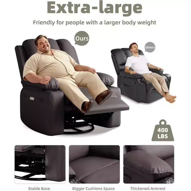 Acekool Power Recliner sofa with Heat & Massage, Swivel Rocker, USB Port, Cup Holders, Side Pockets, Extra-Wide Seat, Living Room