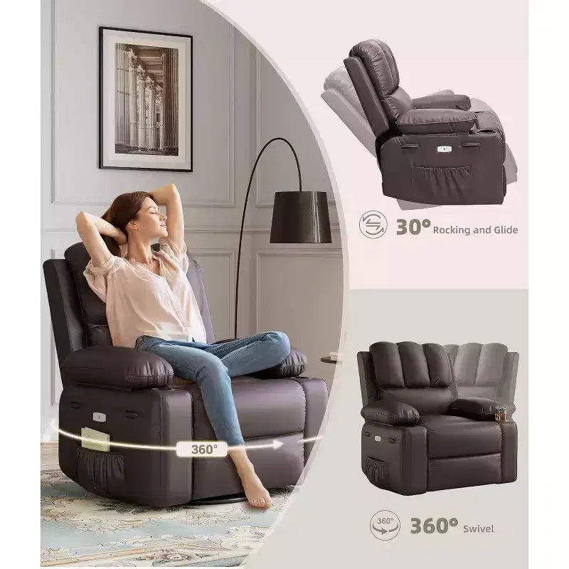 Acekool Power Recliner sofa with Heat & Massage, Swivel Rocker, USB Port, Cup Holders, Side Pockets, Extra-Wide Seat, Living Room