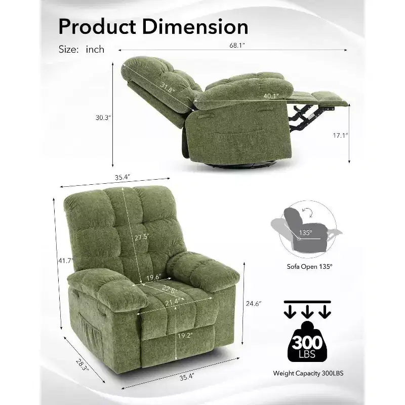 Acekool Rocking Recliner Chair, Swivel Upholstered Glider with Deep Seat and Side Pockets for Living Room or Bedroom