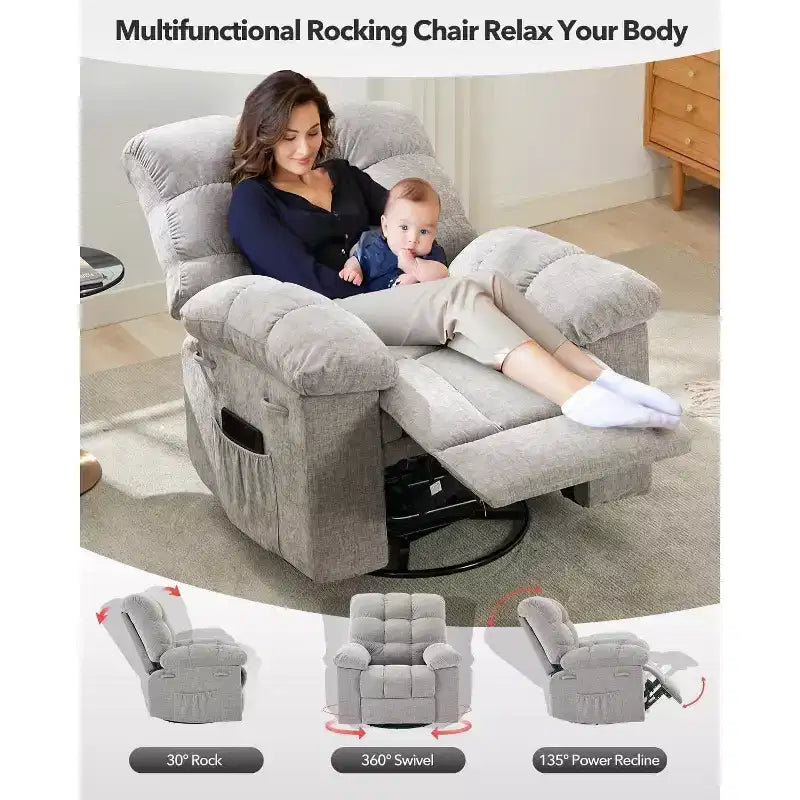 Acekool Rocking Recliner Chair, Swivel Upholstered Glider with Deep Seat and Side Pockets for Living Room or Bedroom