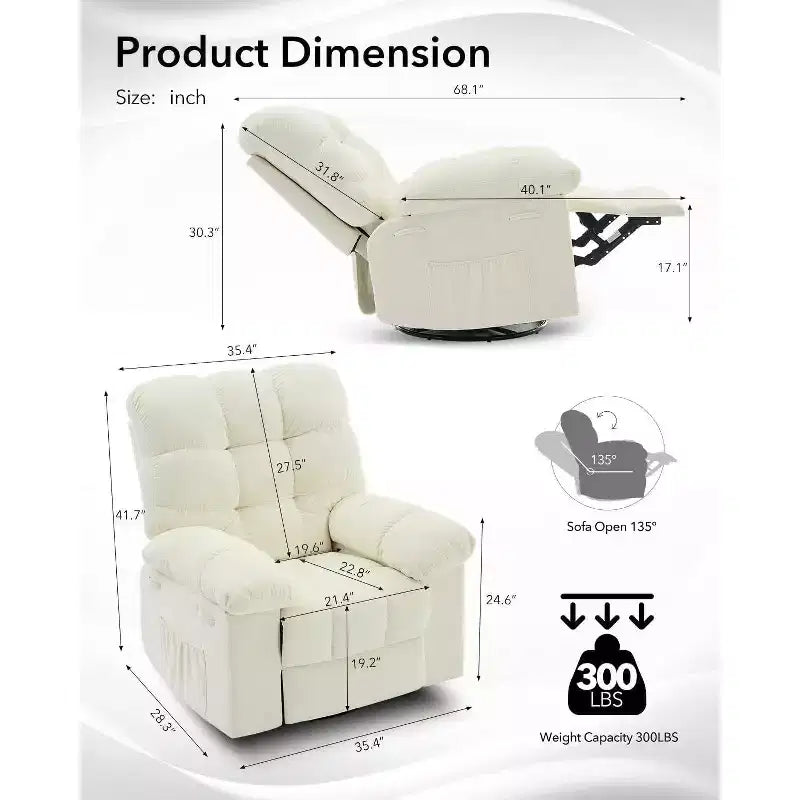 Acekool Rocking Recliner Chair, Swivel Upholstered Glider with Deep Seat and Side Pockets for Living Room or Bedroom