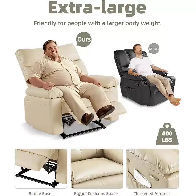 Acekool Oversized Manual Recliner Chair, Faux Leather Armchair with Thick Cushion for Living Room & Bedroom, Spacious Lazy Comfort