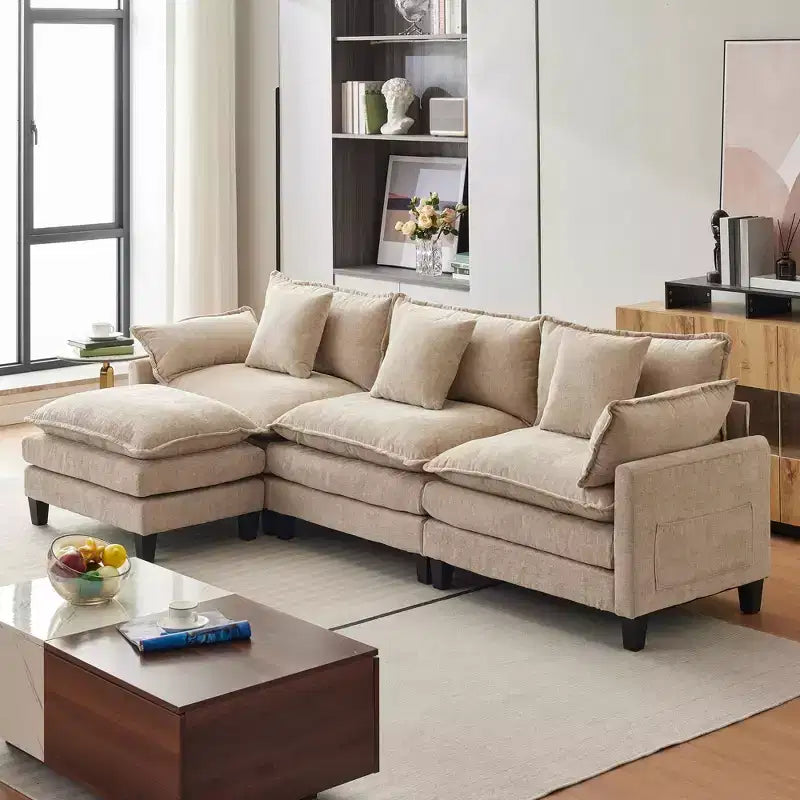 112.2 U-Shaped Sectional Cloud Couch, Modular Sectional Couches Sofa with Movable Ottoman, 3-Seater Chenille Deep Seat Cloud Sofa , Beige