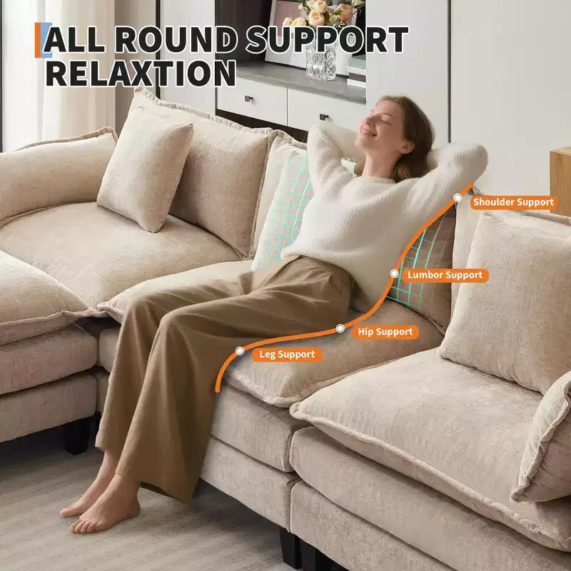112.2 U-Shaped Sectional Cloud Couch, Modular Sectional Couches Sofa with Movable Ottoman, 3-Seater Chenille Deep Seat Cloud Sofa , Beige