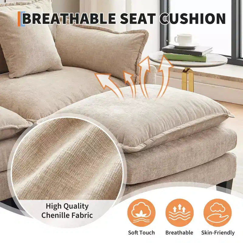 112.2 U-Shaped Sectional Cloud Couch, Modular Sectional Couches Sofa with Movable Ottoman, 3-Seater Chenille Deep Seat Cloud Sofa , Beige