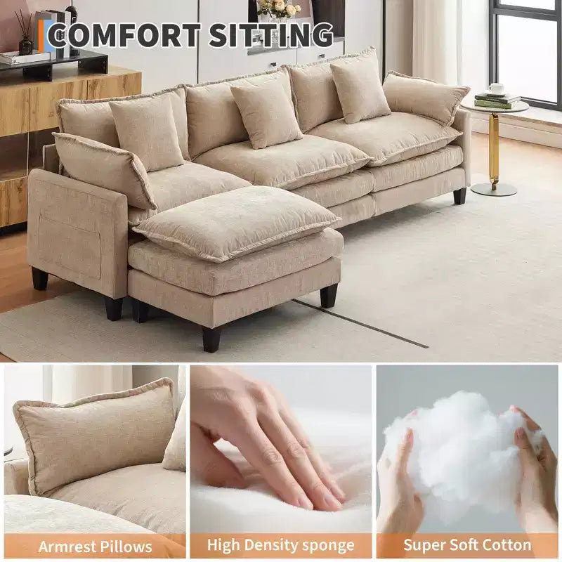 112.2 U-Shaped Sectional Cloud Couch, Modular Sectional Couches Sofa with Movable Ottoman, 3-Seater Chenille Deep Seat Cloud Sofa , Beige
