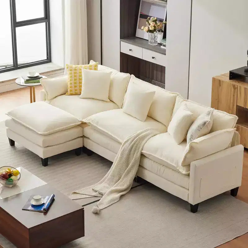 112.2 U-Shaped Sectional Cloud Couch, Modular Sectional Couches Sofa with Movable Ottoman, 3-Seater Chenille Deep Seat Cloud Sofa , Beige