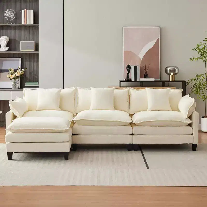 112.2 U-Shaped Sectional Cloud Couch, Modular Sectional Couches Sofa with Movable Ottoman, 3-Seater Chenille Deep Seat Cloud Sofa , Beige