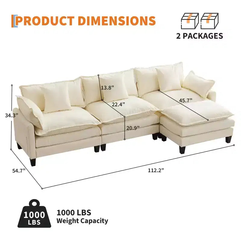 112.2 U-Shaped Sectional Cloud Couch, Modular Sectional Couches Sofa with Movable Ottoman, 3-Seater Chenille Deep Seat Cloud Sofa , Beige
