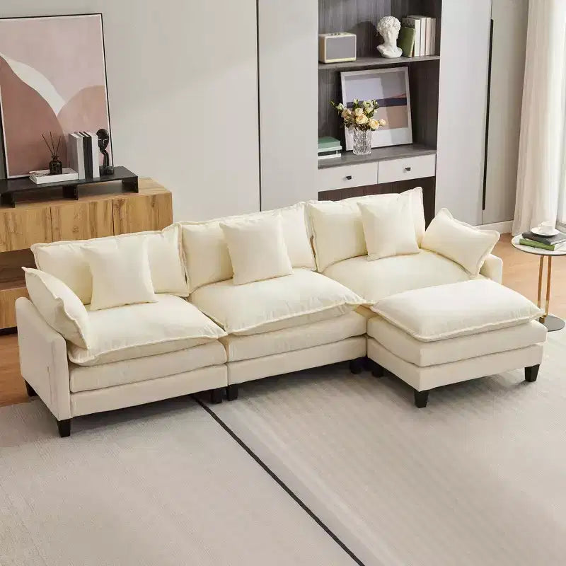 112.2 U-Shaped Sectional Cloud Couch, Modular Sectional Couches Sofa with Movable Ottoman, 3-Seater Chenille Deep Seat Cloud Sofa , Beige