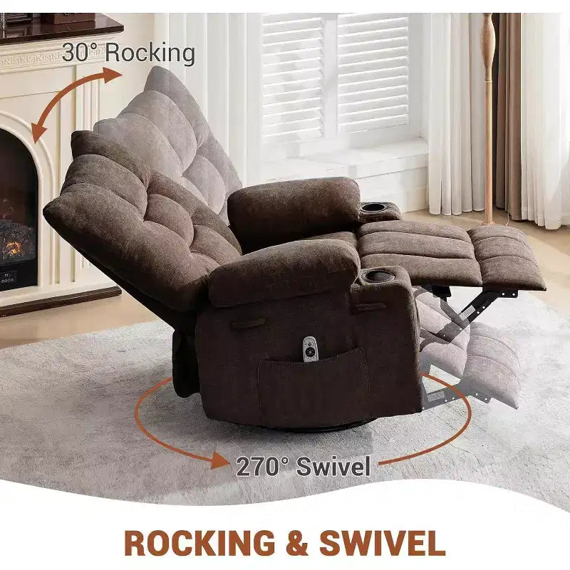 Acekool Manual Swivel Recliner Chair with Massage & Heat, Rocker, Thick Padded PU Leather, Overstuffed Cushion for Back Relief, Living Room