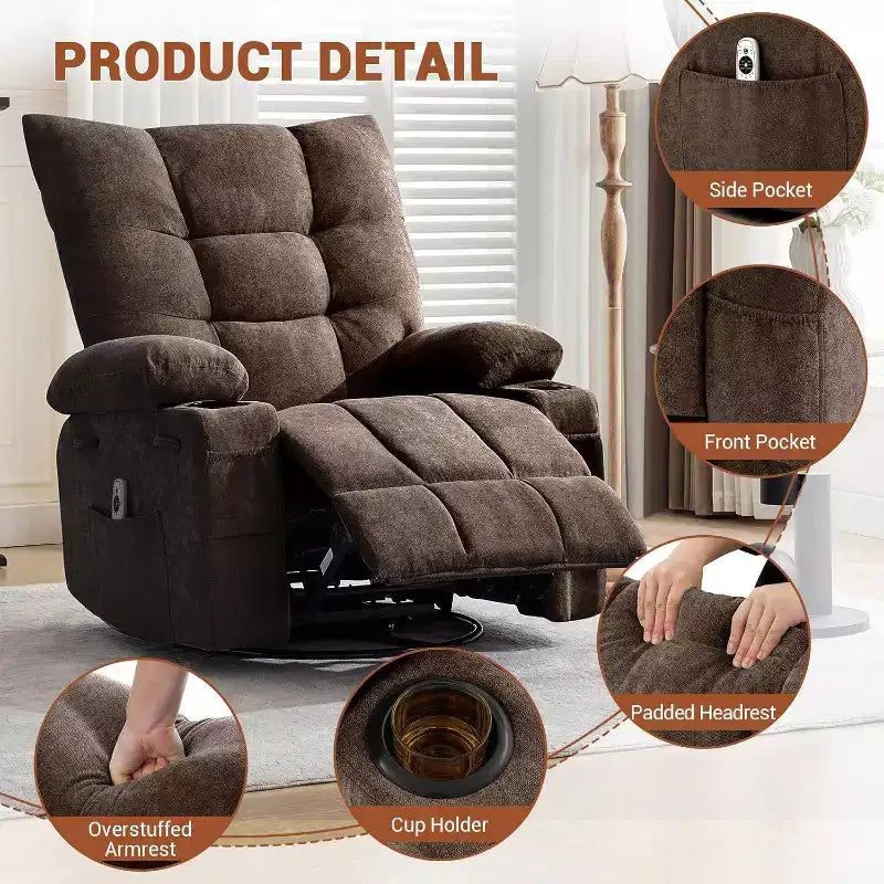 Acekool Manual Swivel Recliner Chair with Massage & Heat, Rocker, Thick Padded PU Leather, Overstuffed Cushion for Back Relief, Living Room