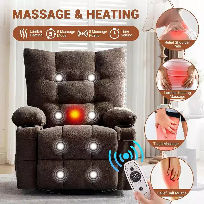 Acekool Manual Swivel Recliner Chair with Massage & Heat, Rocker, Thick Padded PU Leather, Overstuffed Cushion for Back Relief, Living Room