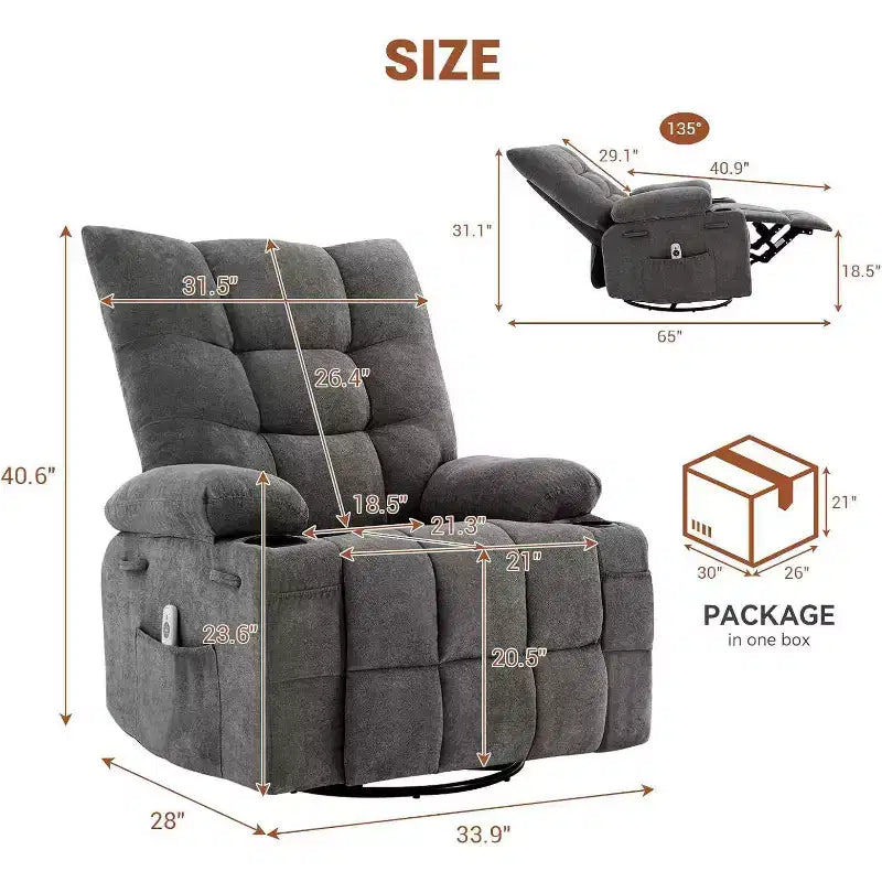 Acekool Manual Swivel Recliner Chair with Massage & Heat, Rocker, Thick Padded PU Leather, Overstuffed Cushion for Back Relief, Living Room