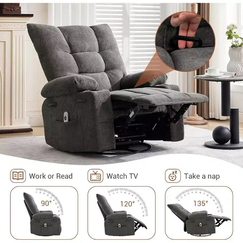 Acekool Manual Swivel Recliner Chair with Massage & Heat, Rocker, Thick Padded PU Leather, Overstuffed Cushion for Back Relief, Living Room