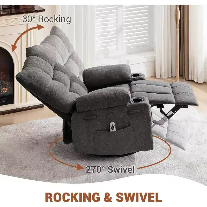 Acekool Manual Swivel Recliner Chair with Massage & Heat, Rocker, Thick Padded PU Leather, Overstuffed Cushion for Back Relief, Living Room