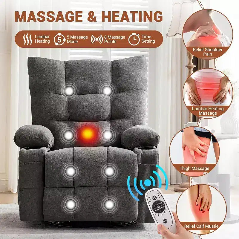 Acekool Manual Swivel Recliner Chair with Massage & Heat, Rocker, Thick Padded PU Leather, Overstuffed Cushion for Back Relief, Living Room
