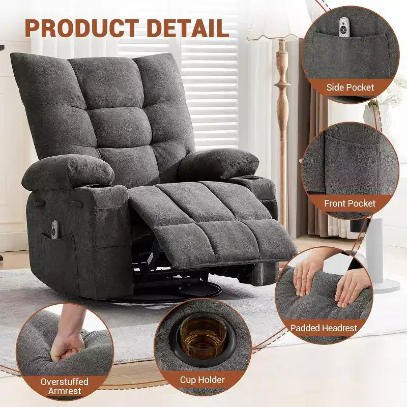 Acekool Manual Swivel Recliner Chair with Massage & Heat, Rocker, Thick Padded PU Leather, Overstuffed Cushion for Back Relief, Living Room