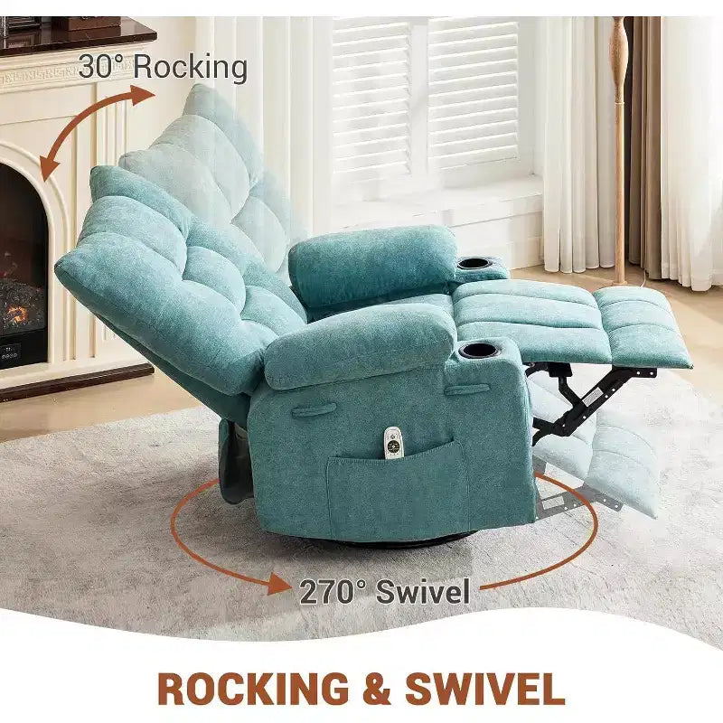 Acekool Manual Swivel Recliner Chair with Massage & Heat, Rocker, Thick Padded PU Leather, Overstuffed Cushion for Back Relief, Living Room