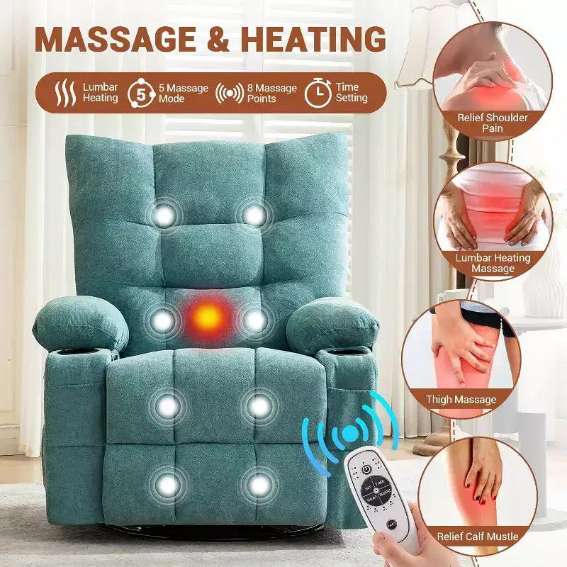 Acekool Manual Swivel Recliner Chair with Massage & Heat, Rocker, Thick Padded PU Leather, Overstuffed Cushion for Back Relief, Living Room