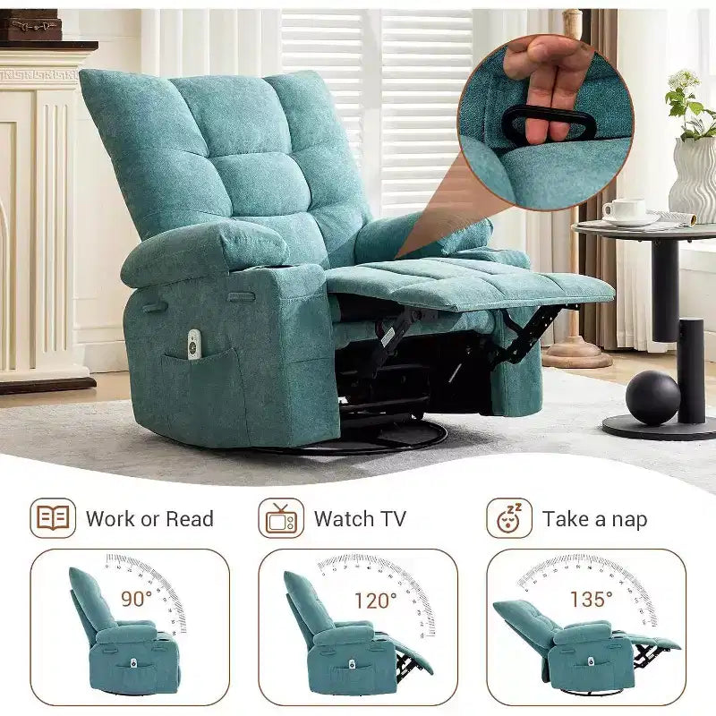 Acekool Manual Swivel Recliner Chair with Massage & Heat, Rocker, Thick Padded PU Leather, Overstuffed Cushion for Back Relief, Living Room