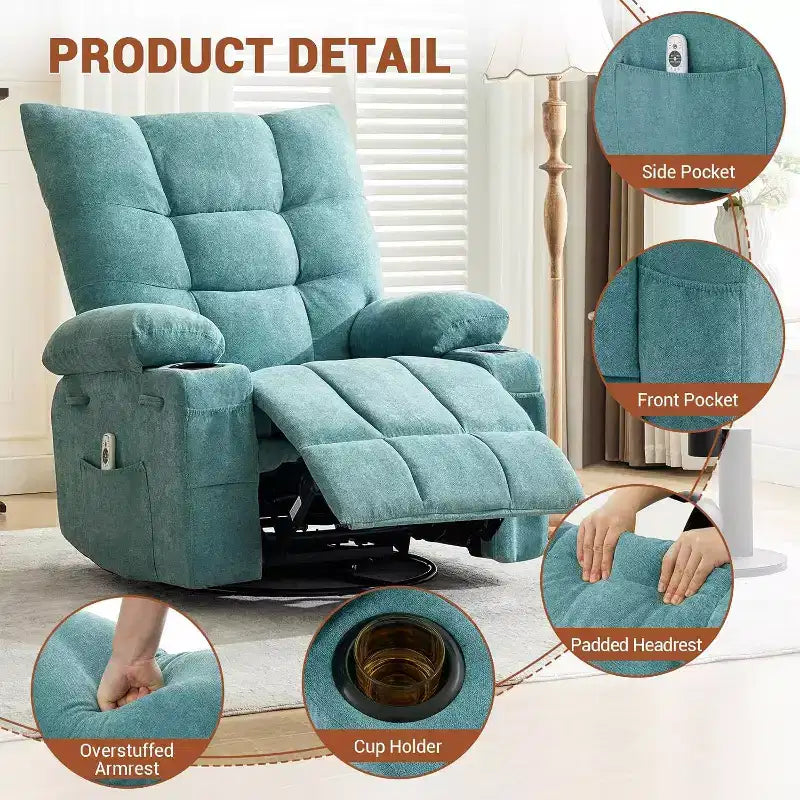 Acekool Manual Swivel Recliner Chair with Massage & Heat, Rocker, Thick Padded PU Leather, Overstuffed Cushion for Back Relief, Living Room