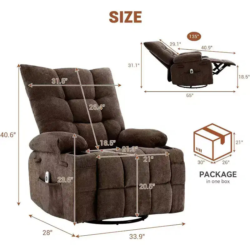 Acekool Manual Swivel Recliner Chair with Massage & Heat, Rocker, Thick Padded PU Leather, Overstuffed Cushion for Back Relief, Living Room