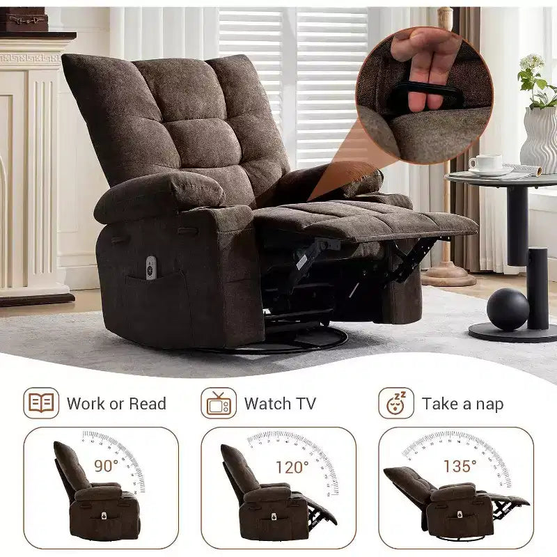Acekool Manual Swivel Recliner Chair with Massage & Heat, Rocker, Thick Padded PU Leather, Overstuffed Cushion for Back Relief, Living Room
