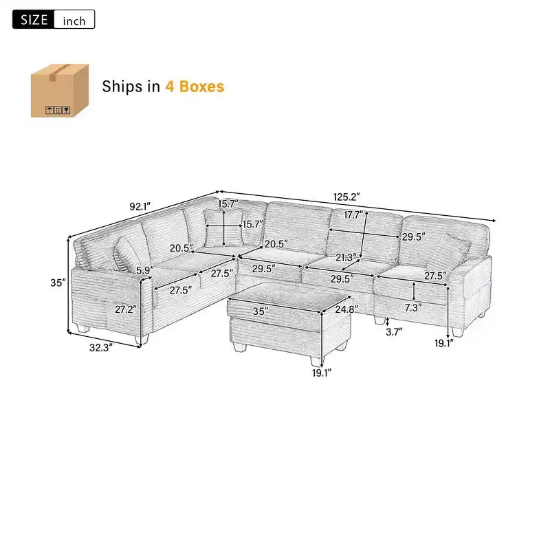 Whisen Corduroy Sectional Sofa with a Movable Ottoman and Side Storage Pockets