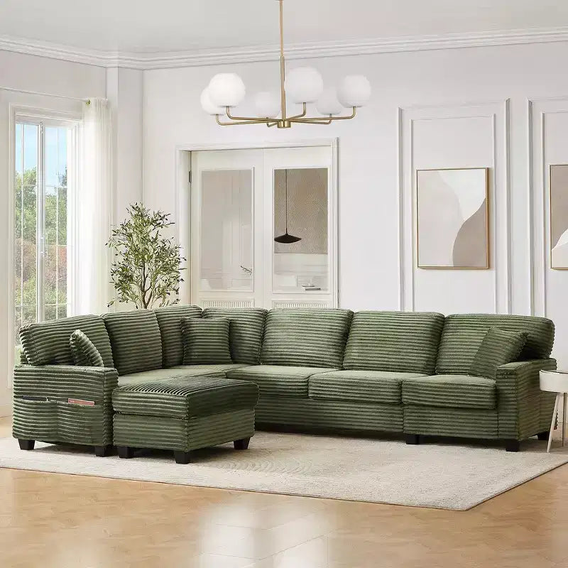 Whisen Corduroy Sectional Sofa with a Movable Ottoman and Side Storage Pockets