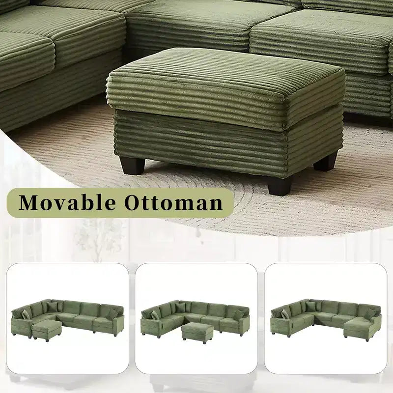 Whisen Corduroy Sectional Sofa with a Movable Ottoman and Side Storage Pockets