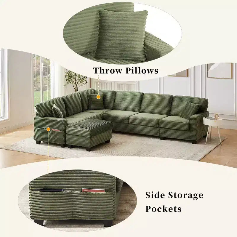 Whisen Corduroy Sectional Sofa with a Movable Ottoman and Side Storage Pockets