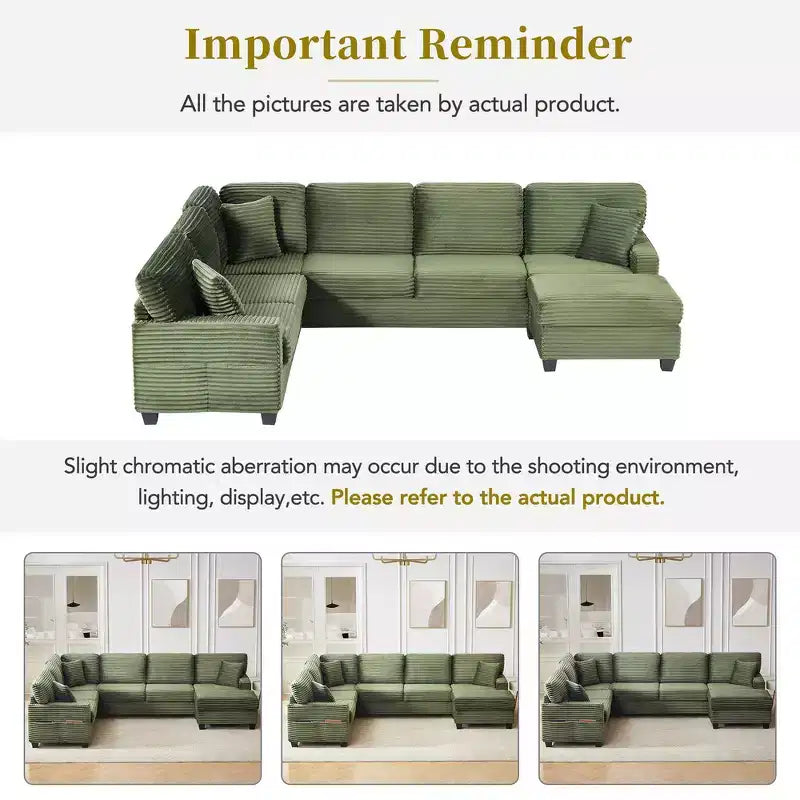 Whisen Corduroy Sectional Sofa with a Movable Ottoman and Side Storage Pockets