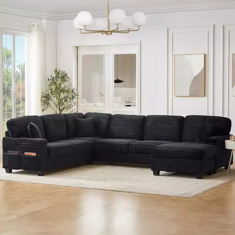 Whisen Corduroy Sectional Sofa with a Movable Ottoman and Side Storage Pockets