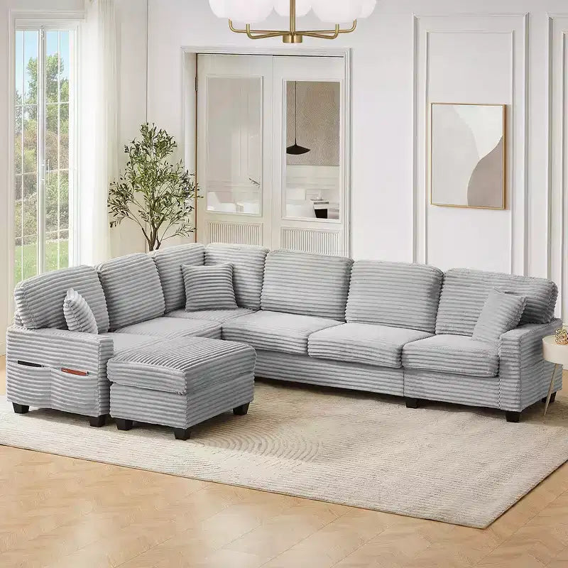 Whisen Corduroy Sectional Sofa with a Movable Ottoman and Side Storage Pockets