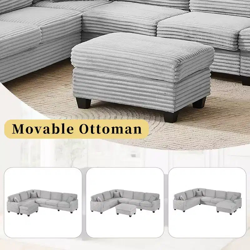 Whisen Corduroy Sectional Sofa with a Movable Ottoman and Side Storage Pockets