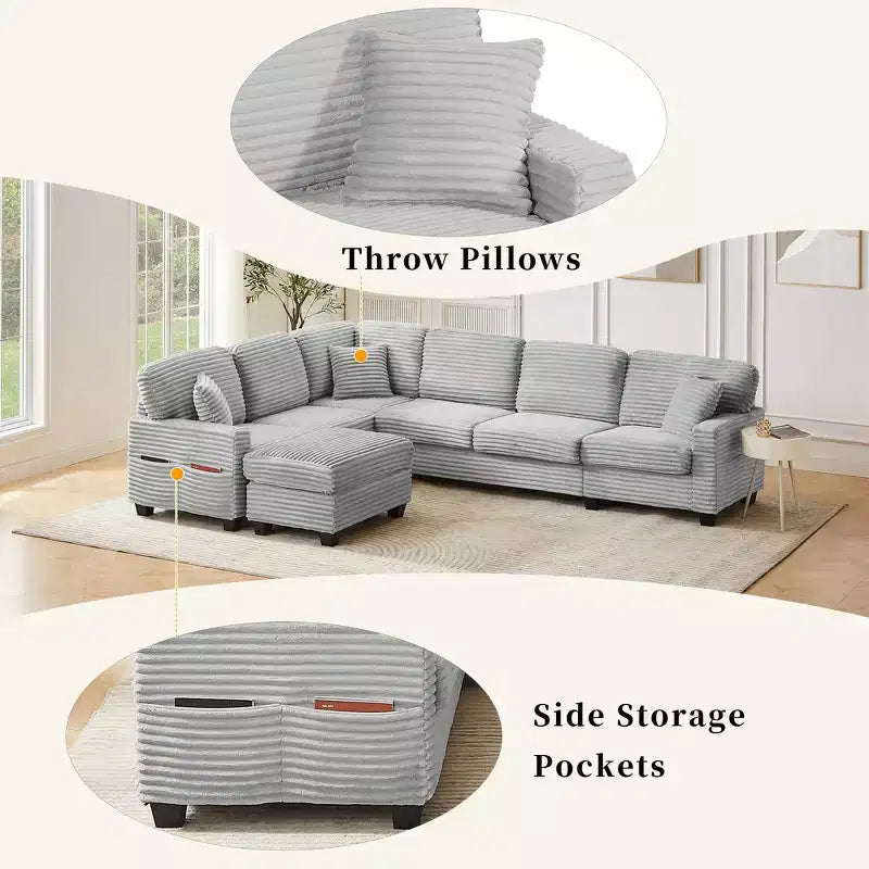 Whisen Corduroy Sectional Sofa with a Movable Ottoman and Side Storage Pockets