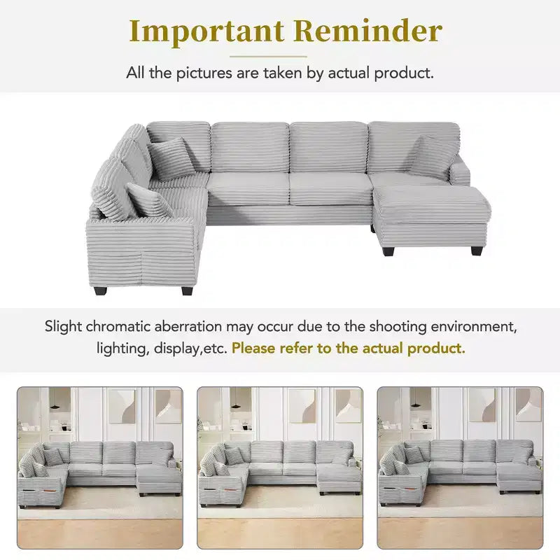 Whisen Corduroy Sectional Sofa with a Movable Ottoman and Side Storage Pockets