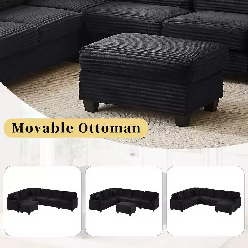 Whisen Corduroy Sectional Sofa with a Movable Ottoman and Side Storage Pockets