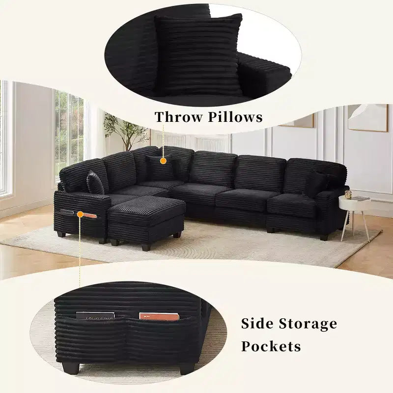 Whisen Corduroy Sectional Sofa with a Movable Ottoman and Side Storage Pockets