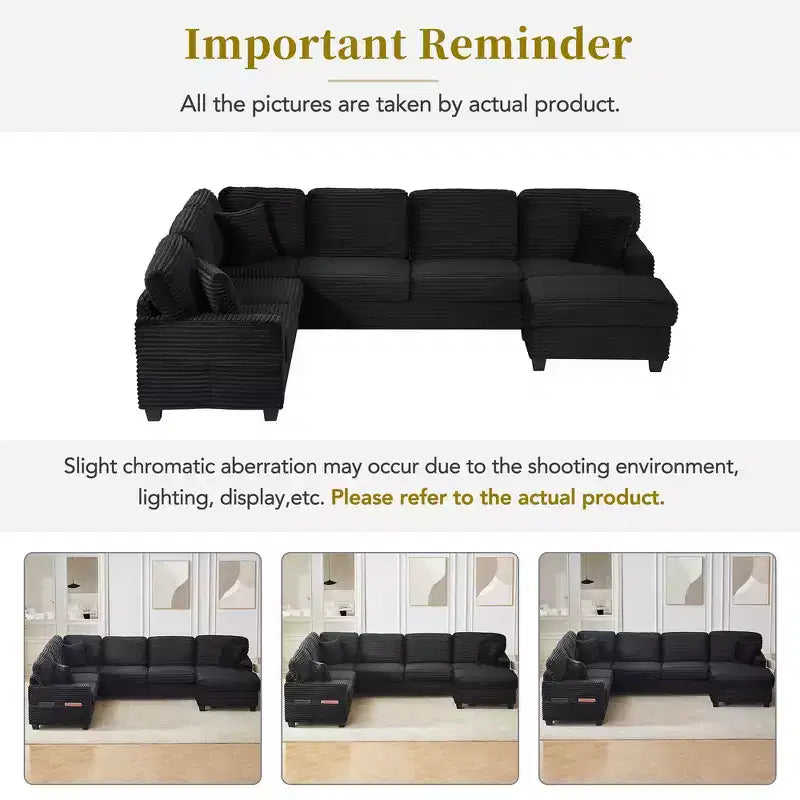 Whisen Corduroy Sectional Sofa with a Movable Ottoman and Side Storage Pockets